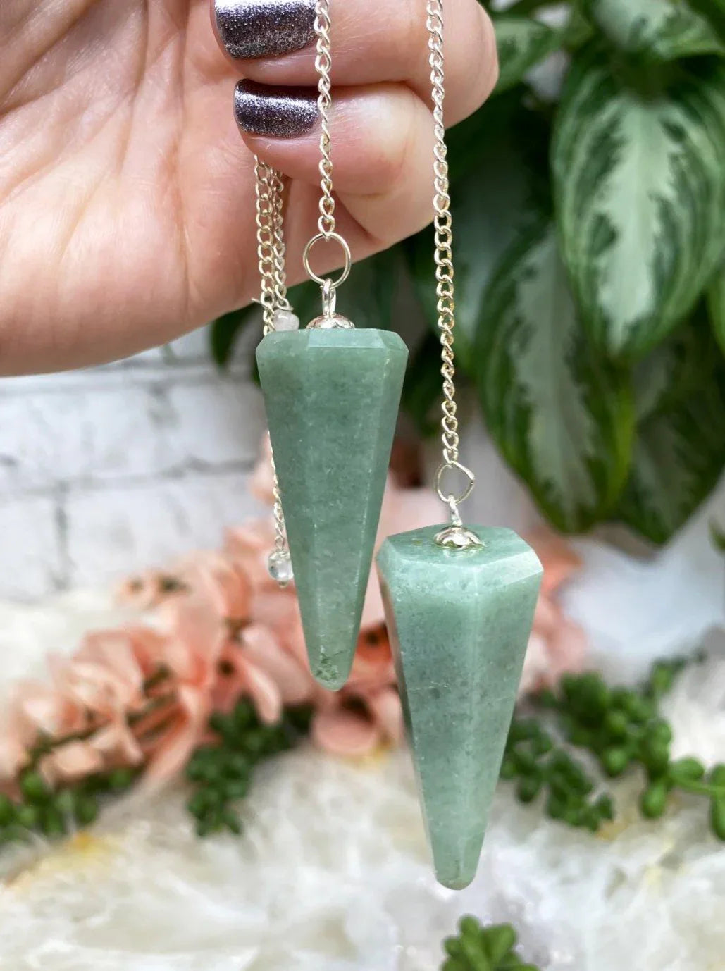 Geometric-Crystal-Point-Stone-Pendulum-Rose-Quartz-Green-Aventurine-Moonstone