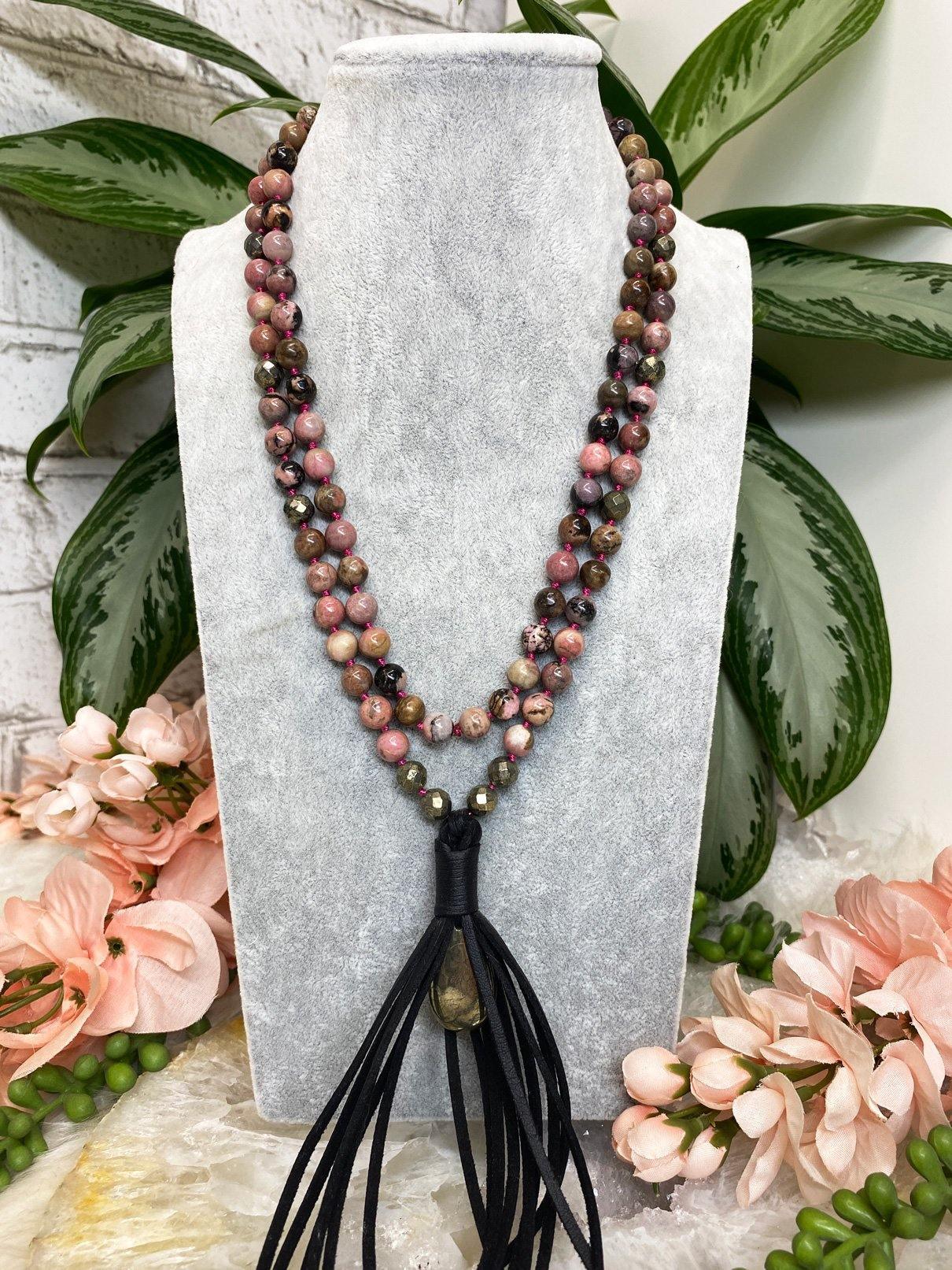 Pink-Black-Rhodonite-Beaded-Vegan-Leather-Tassel-Mala-Necklace