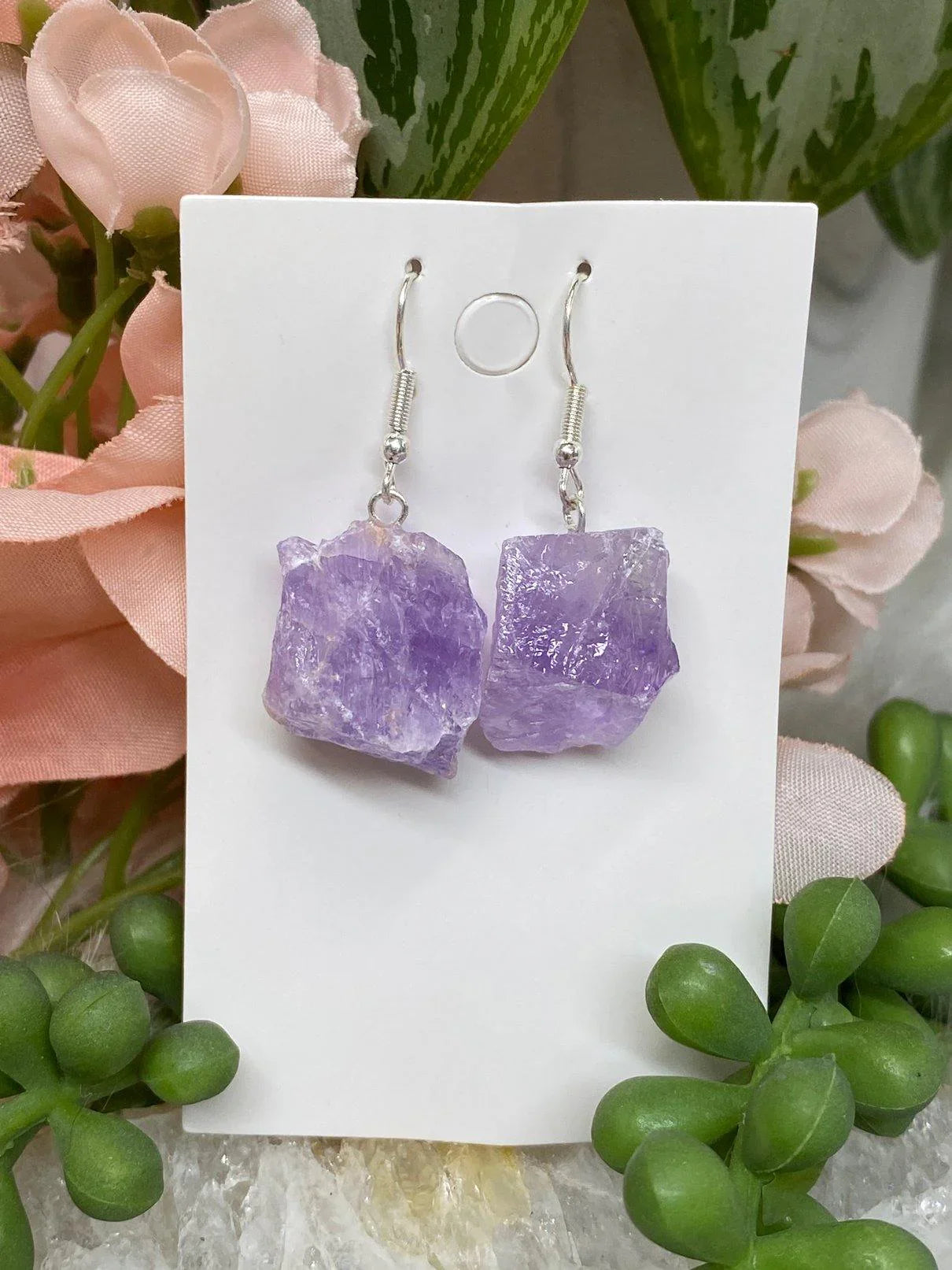 Raw-Amethyst-Tourmaline-Rose-Quartz-Stone-Crystal-Earring-Pairs