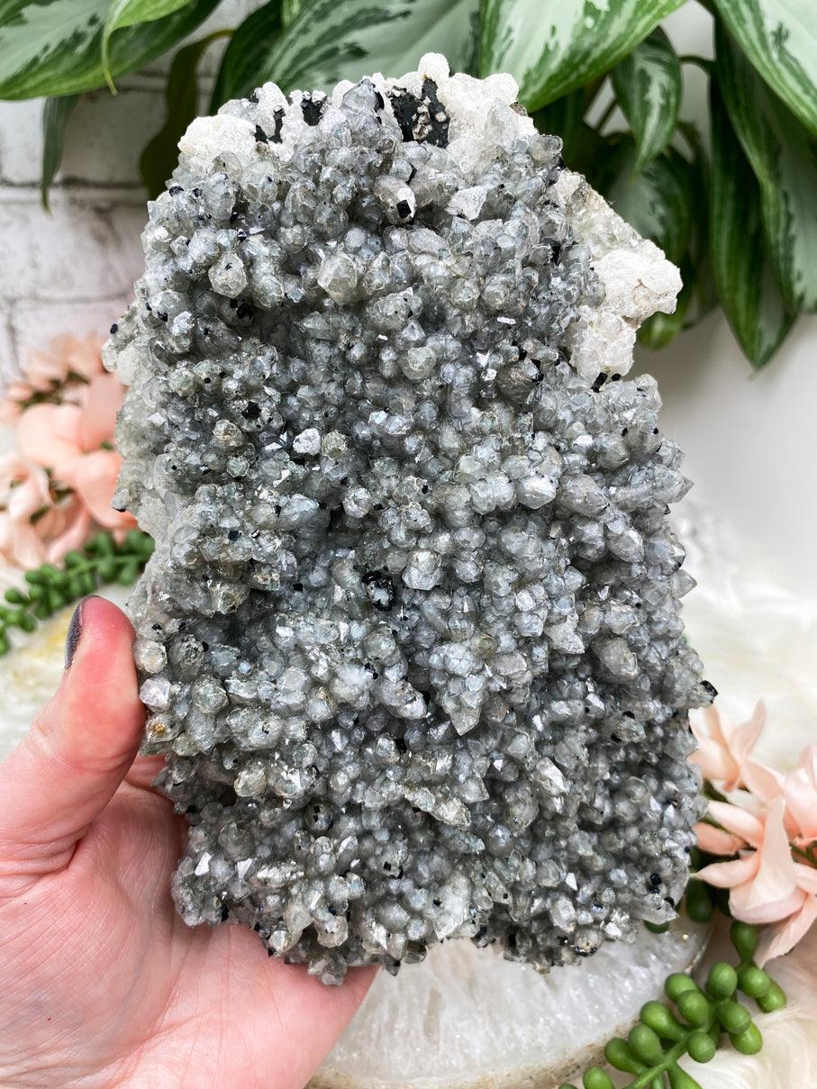 Russian-Quartz-Cluster-with-Black-Ilvaite-for-sale