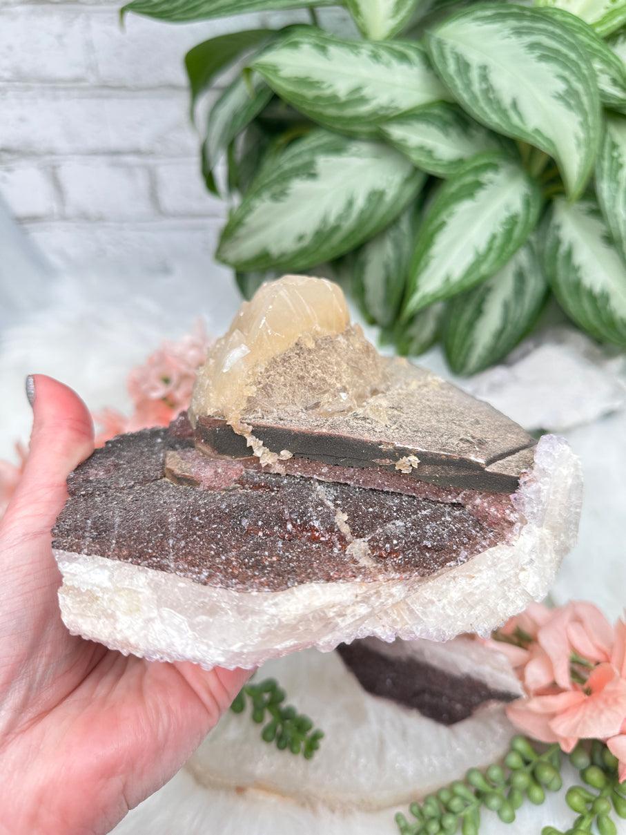 Pink Druzy Amethyst Over Calcite