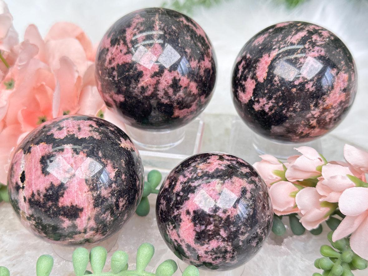 black-pink-rhodonite-spheres