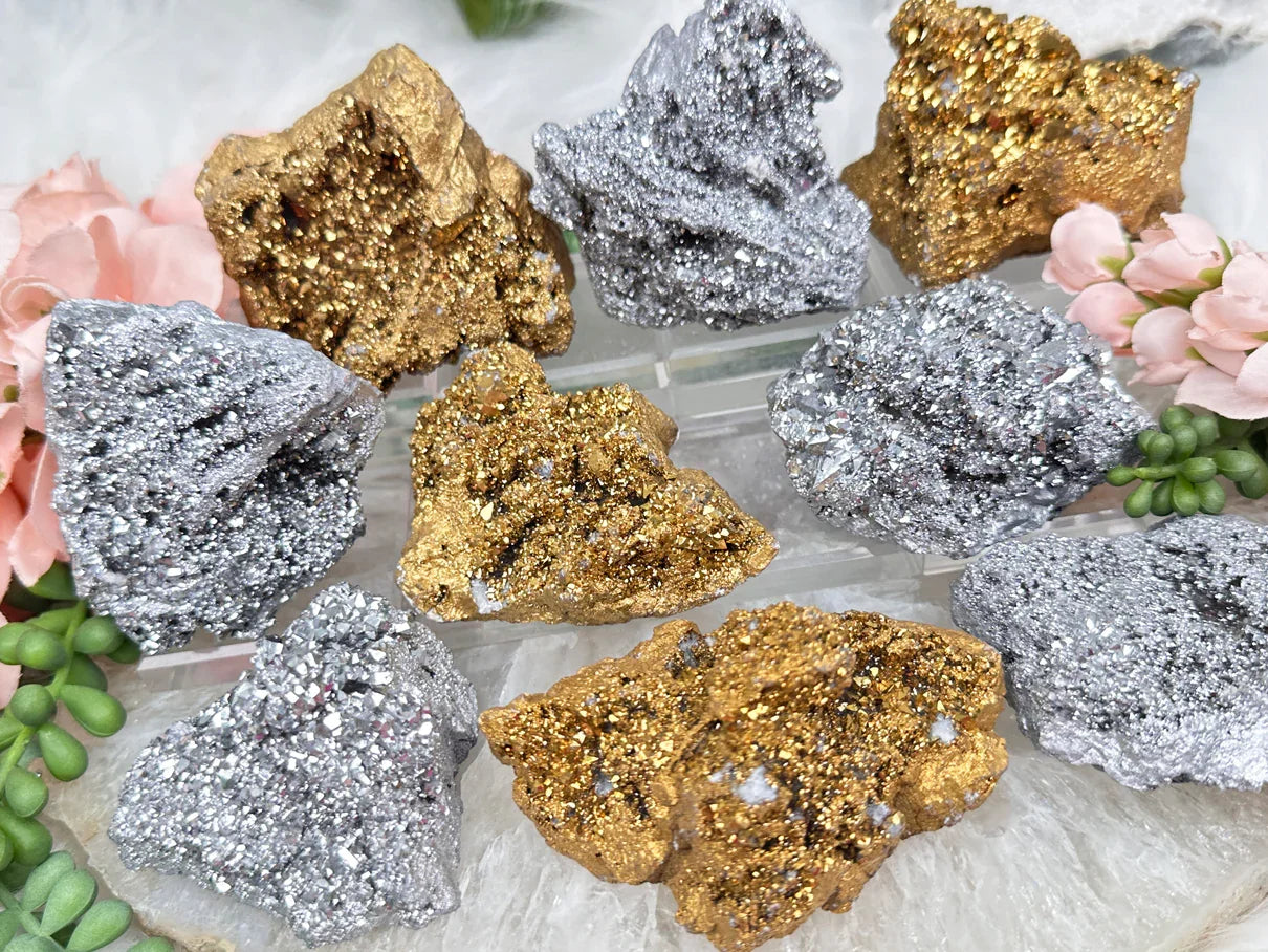 Metallic Silver Gold Aura Quarts Geodes

