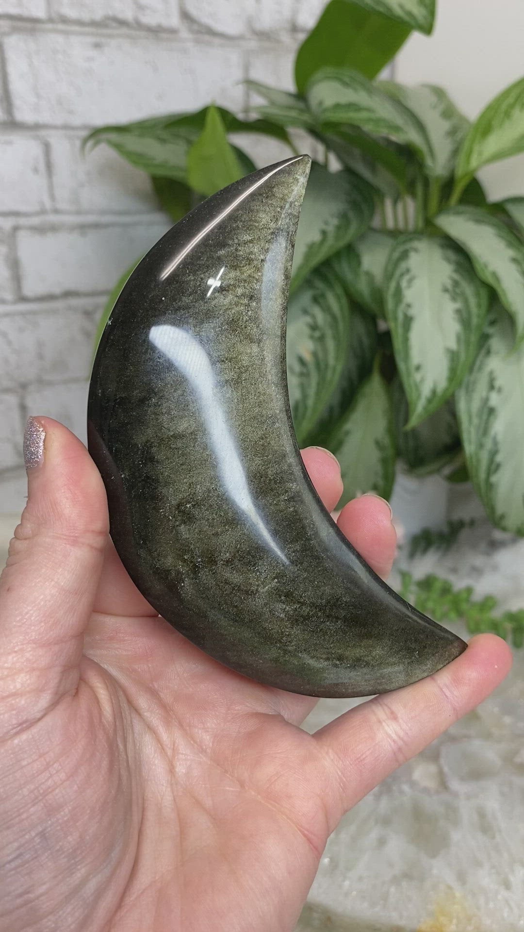 gold sheen obsidian stone carved moon crystal video