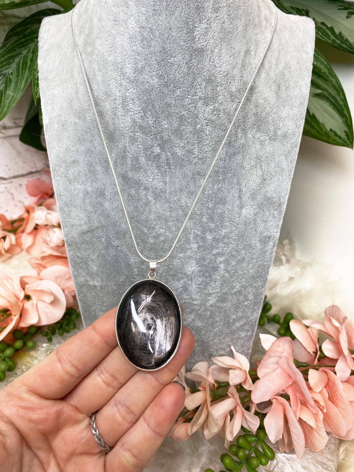 18-inch-brown-flash-black-hypersthene-Sterling-Silver-pendant-necklace