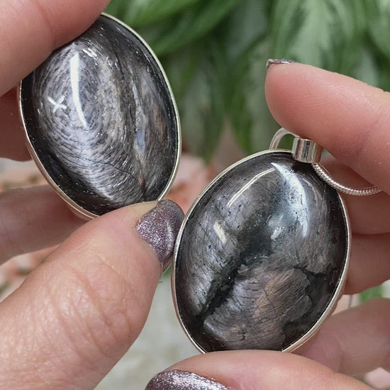 Brown-Black-Hypersthene-Stone-Crystal-Pendant-Necklace-Snack-Chain