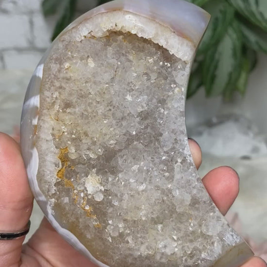 Gray Tan Druzy Agate Moon Crystal