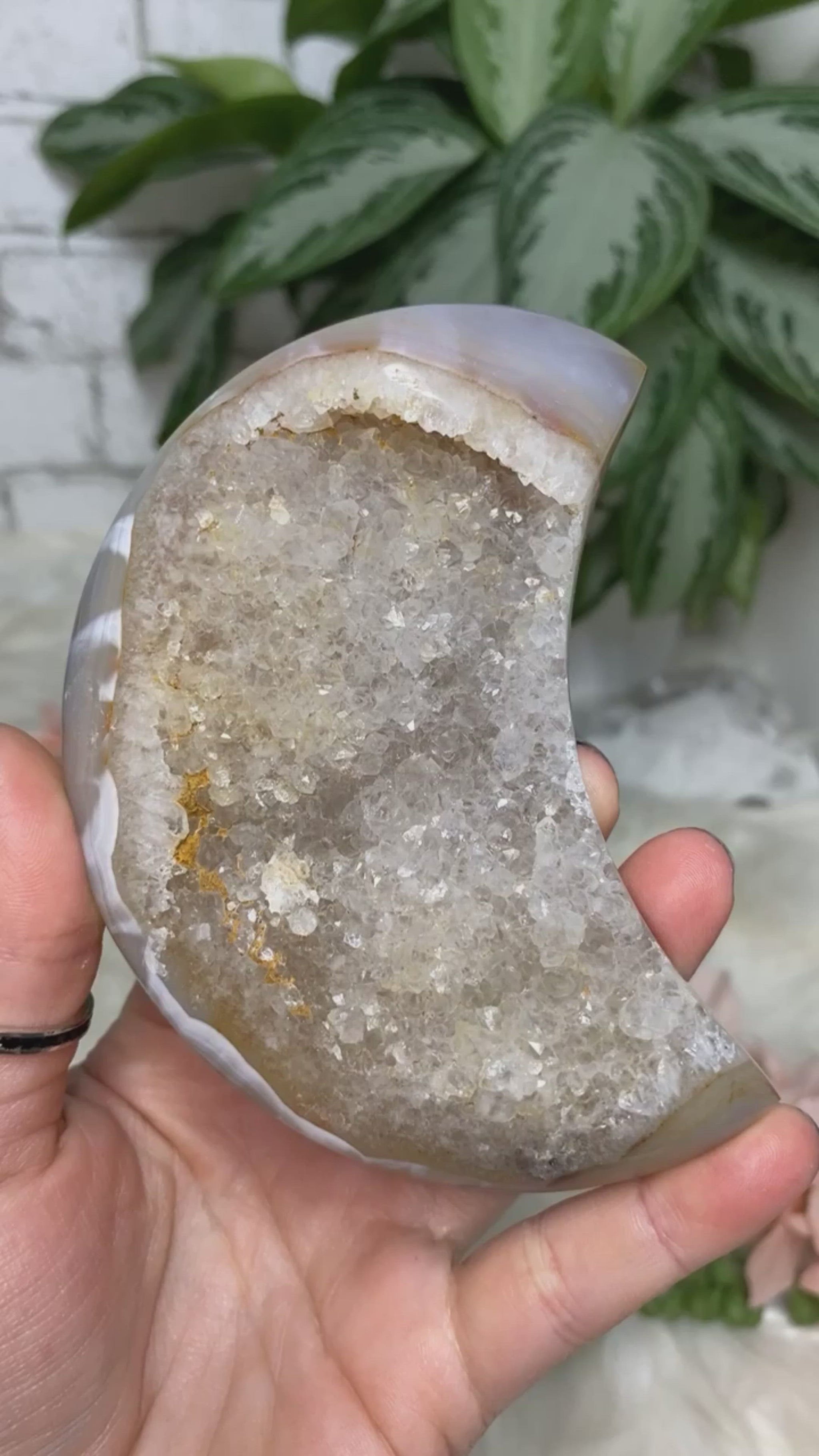 Gray Tan Druzy Agate Moon Crystal