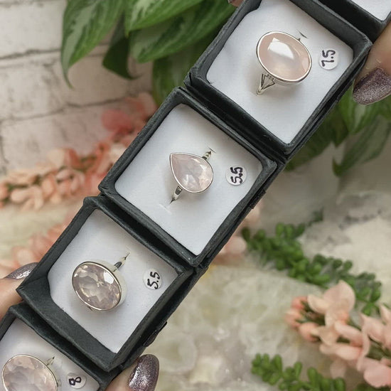 Faceted-Rose-Quartz-Crystal-Rings-Oval-Pear-Sterling-Silver-Band