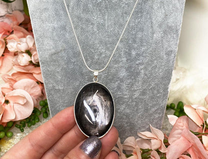 Brown-Black-Hypersthene-Stone-Crystal-Pendant-Necklace-Snack-Chain