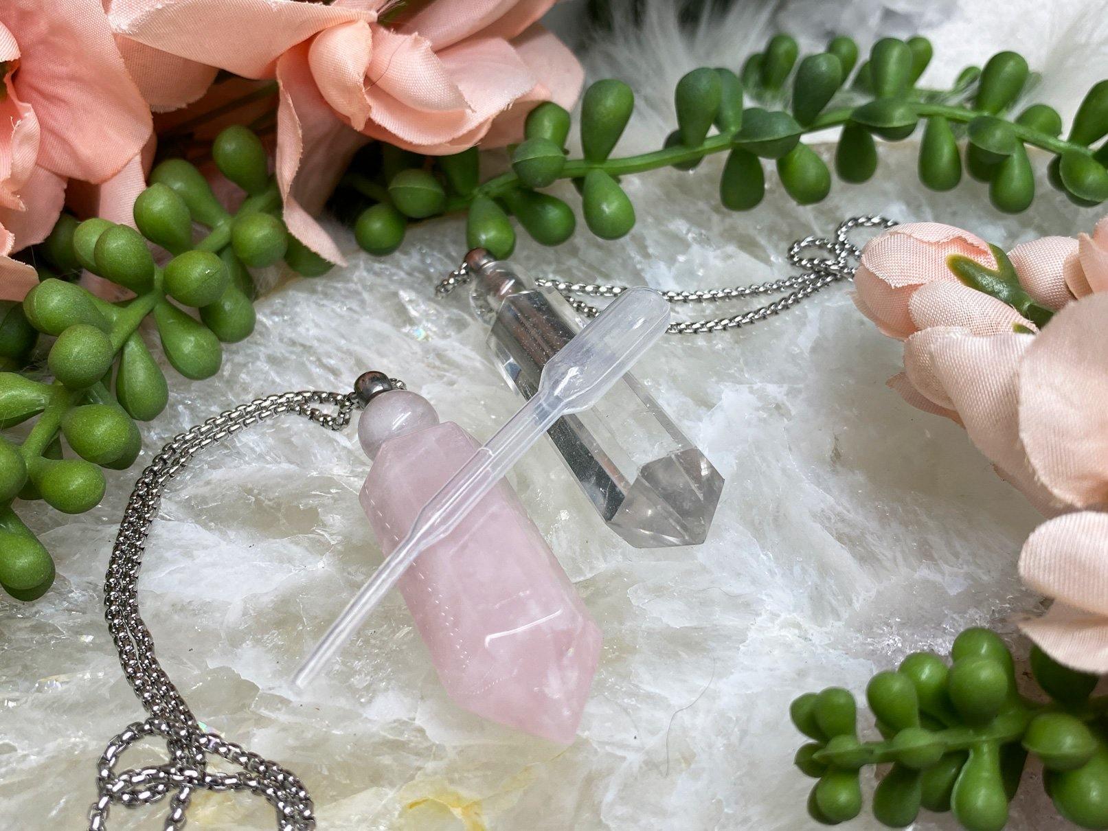 Simple and beautiful crystal point vial necklaces that you can add essential oils to.  Available in both Rose Quartz and Clear Quartz. 