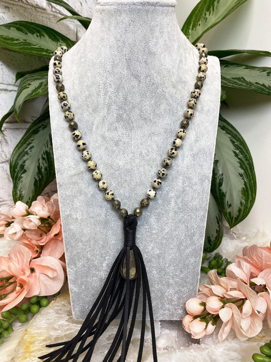 Dalmation-Stone-Pyrite-Black-Vegan-Leather-Tassel-Mala-Necklace
