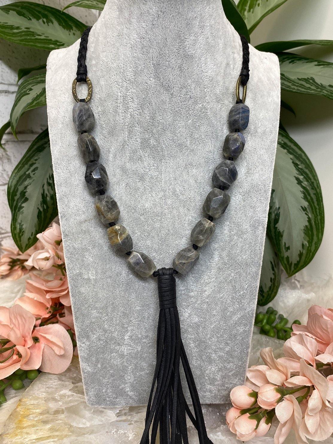 Faceted-Labradorite-Beaded-Black-Vegan-Leather-Braided-Tassel-Necklace