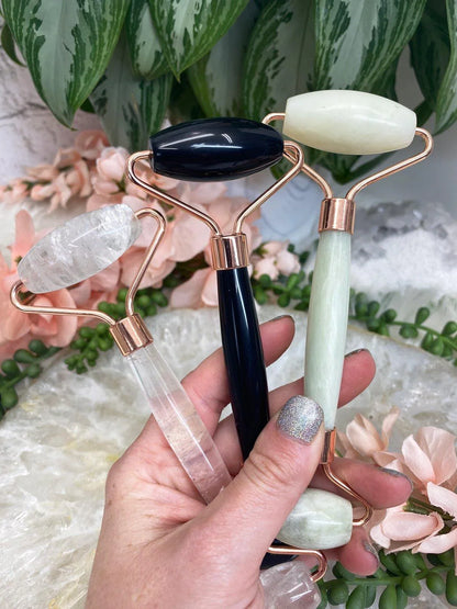Gemstone-Crystal-Rollers-Clear-Quartz-Black-Obsidian-Green-Jade