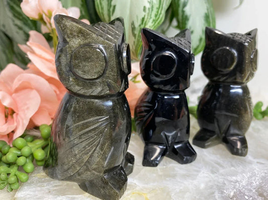 Gold sheen obsidian crystal owl carving