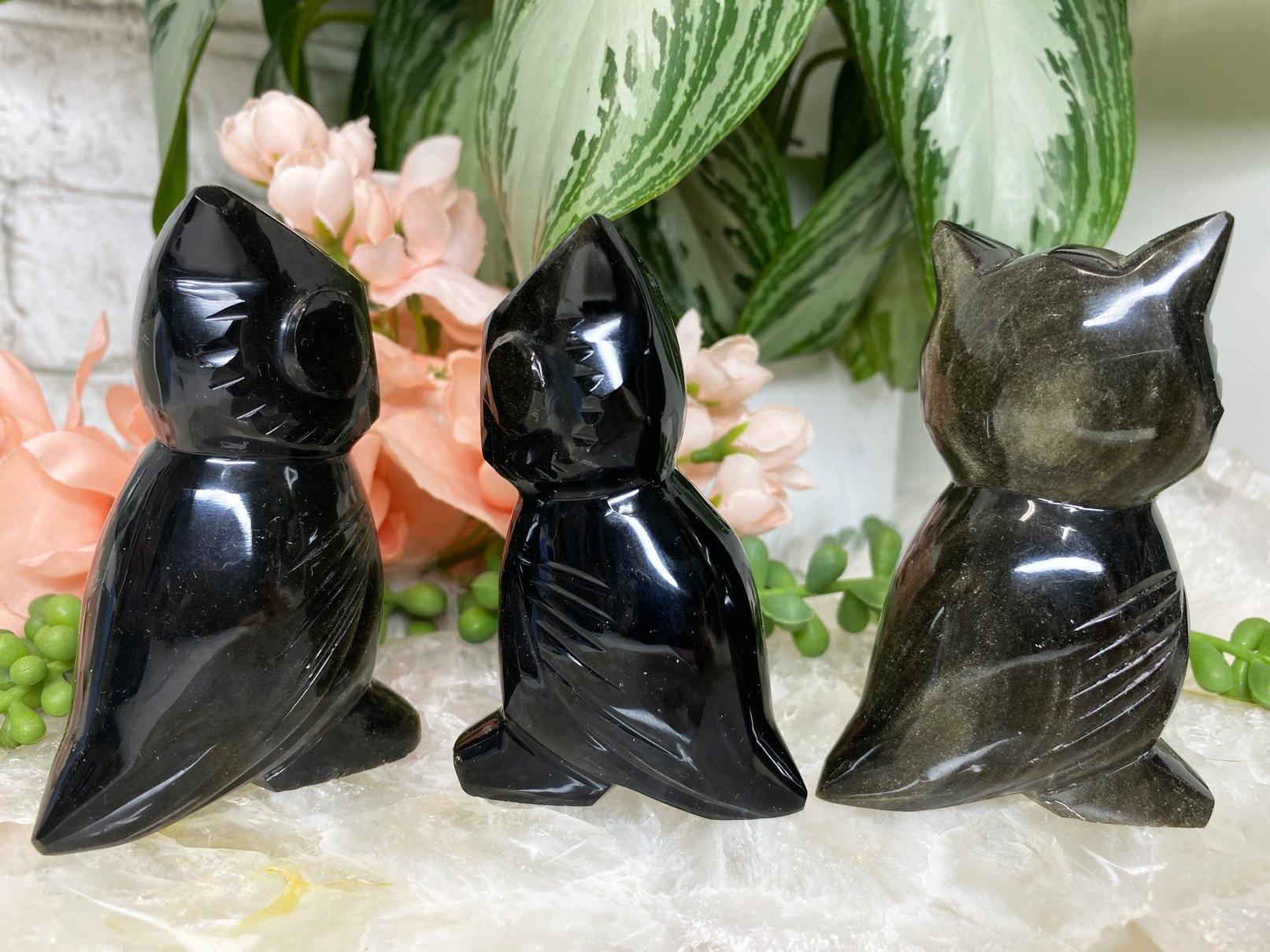 Gold sheen obsidian crystal owl carving