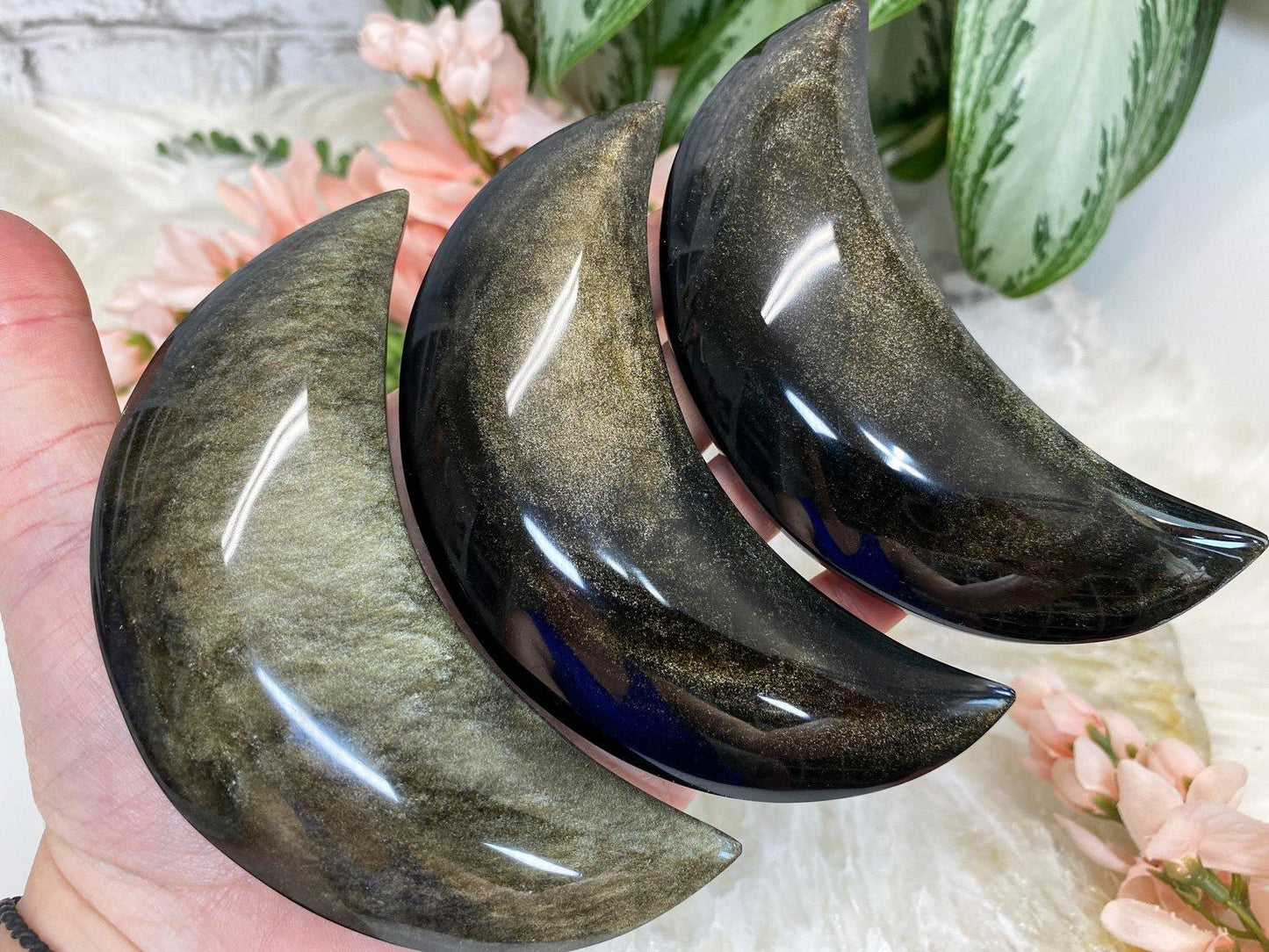 gold sheen obsidian stone carved moon crystal