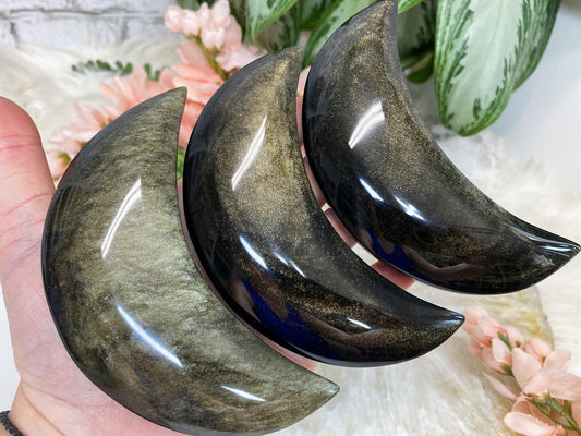 gold sheen obsidian stone carved moon crystal