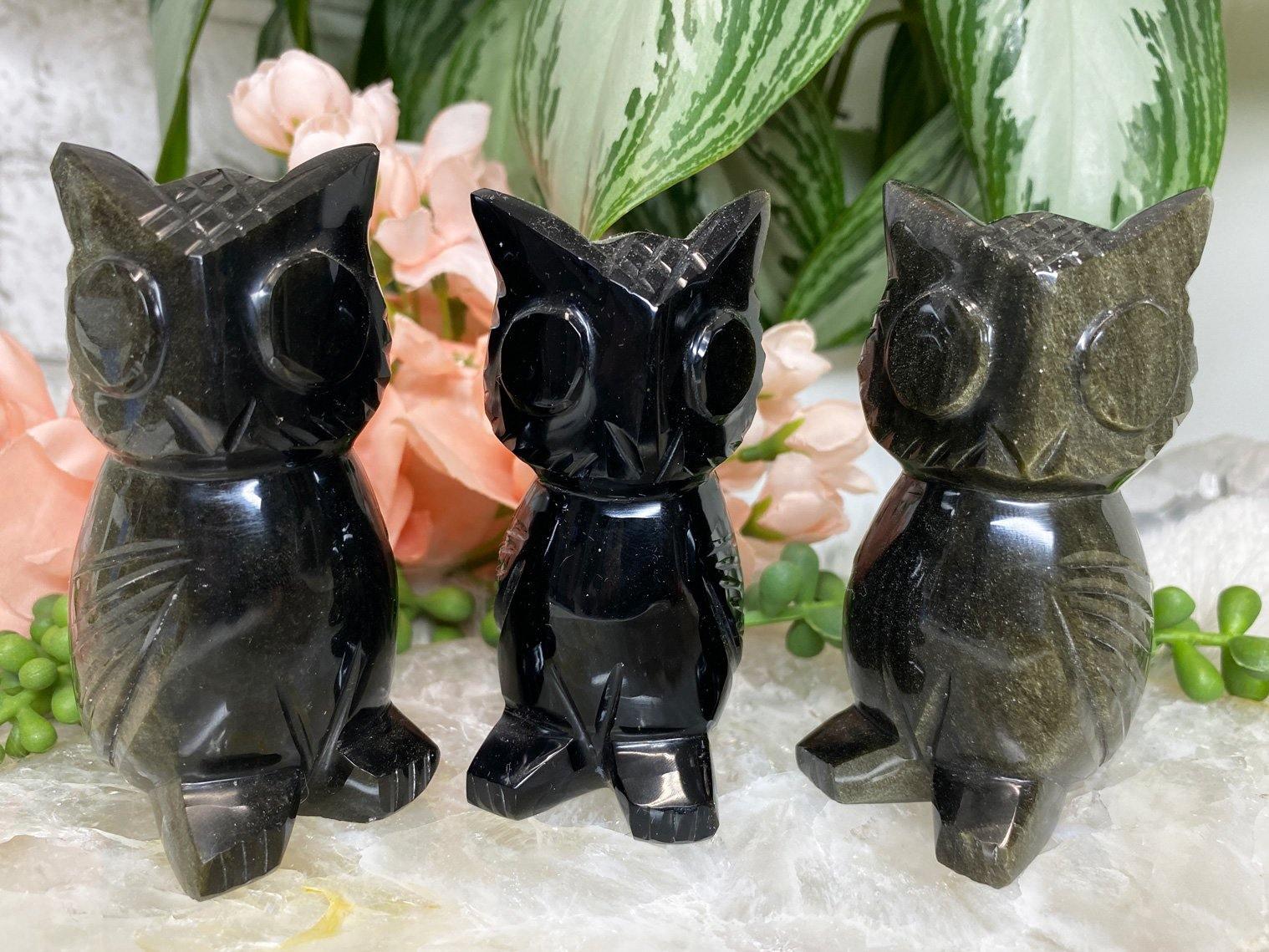 Gold sheen obsidian crystal owl carving