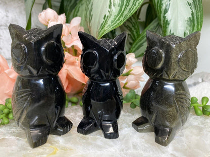Gold sheen obsidian crystal owl carving