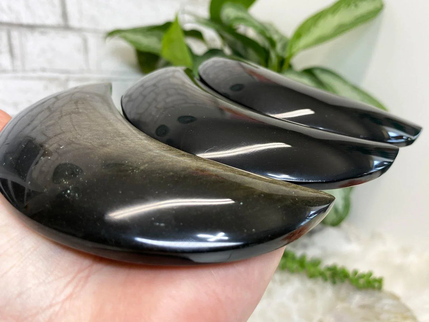 gold sheen obsidian stone carved moon crystal