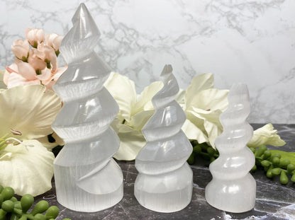 Adorable selenite spiral crystal points in three sizes
