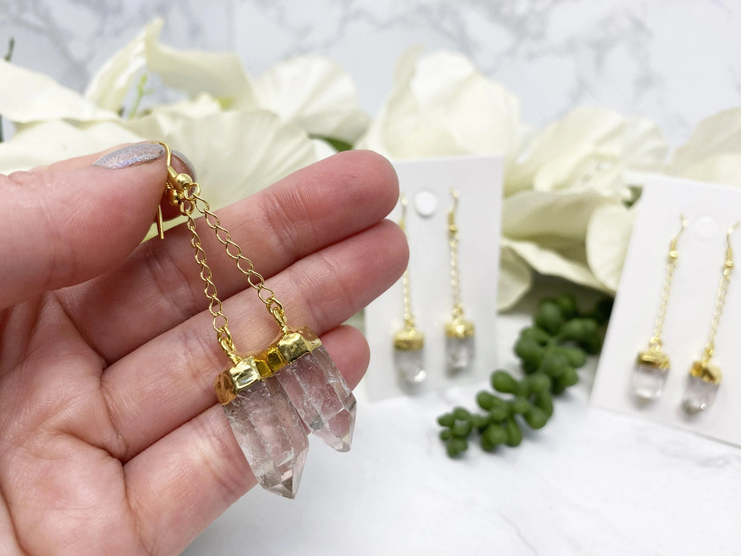 Clear Quartz Gold Plated Dangle Earrings