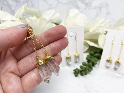 Clear Quartz Gold Plated Dangle Earrings