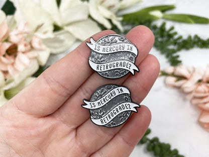 Silver Sparkle Mercury Retrograde Lapel Pin.