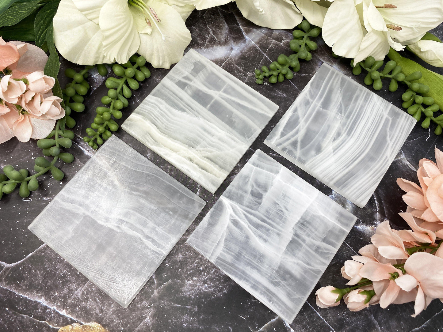 Banded White Onyx Crystal Coaster Sets