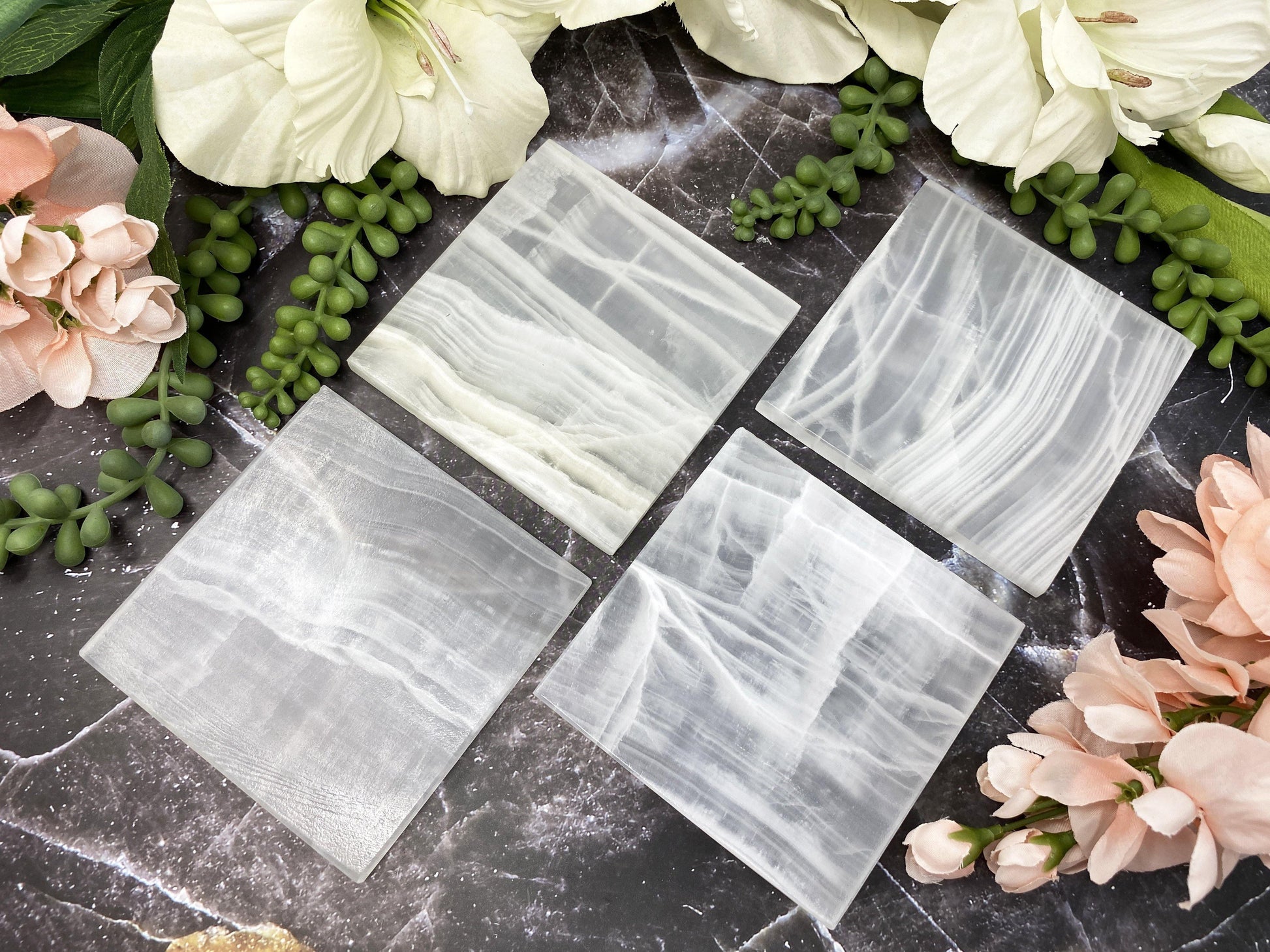 Banded White Onyx Crystal Coaster Sets