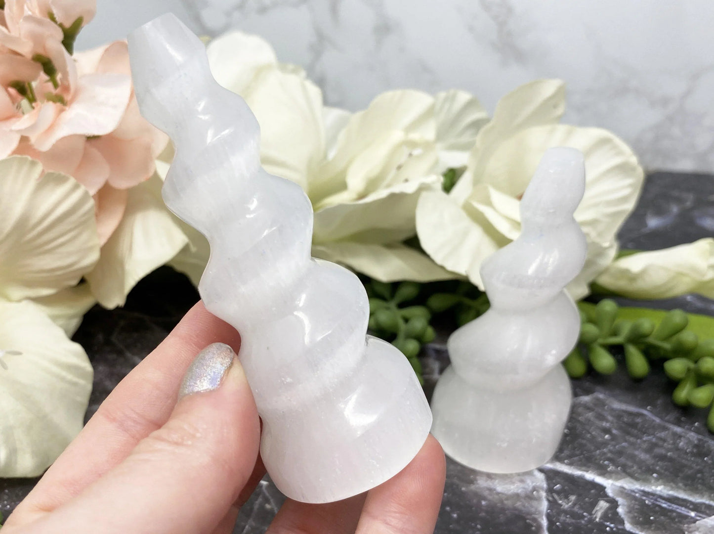 Adorable selenite spiral crystal points in three sizes