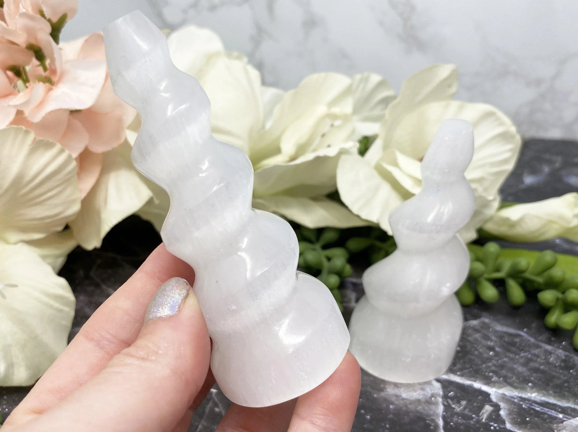 Adorable selenite spiral crystal points in three sizes