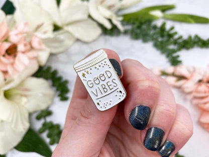 White and Gold Good Vibes Jar Enamel Lapel Pin Set