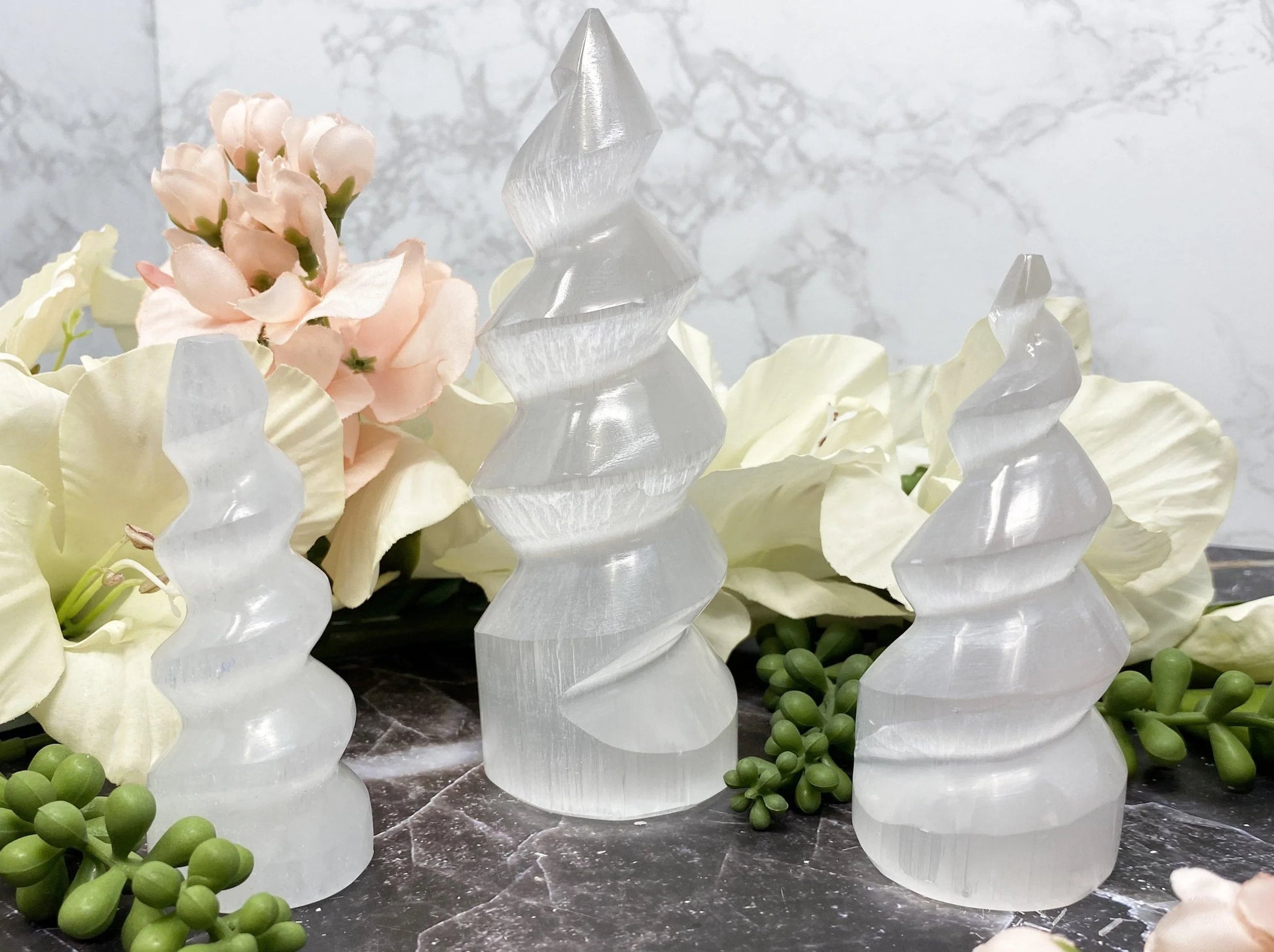 Adorable selenite spiral crystal points in three sizes