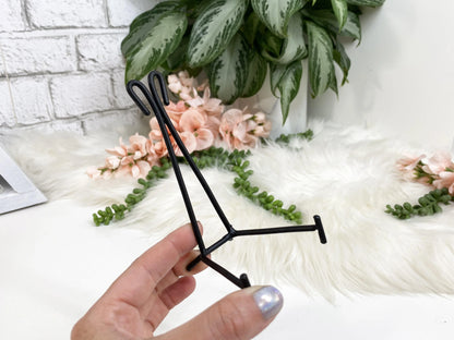 Easel metal display stands. These simple metal stands are perfect for propping up slabs or display crystals that usually just sit flat.