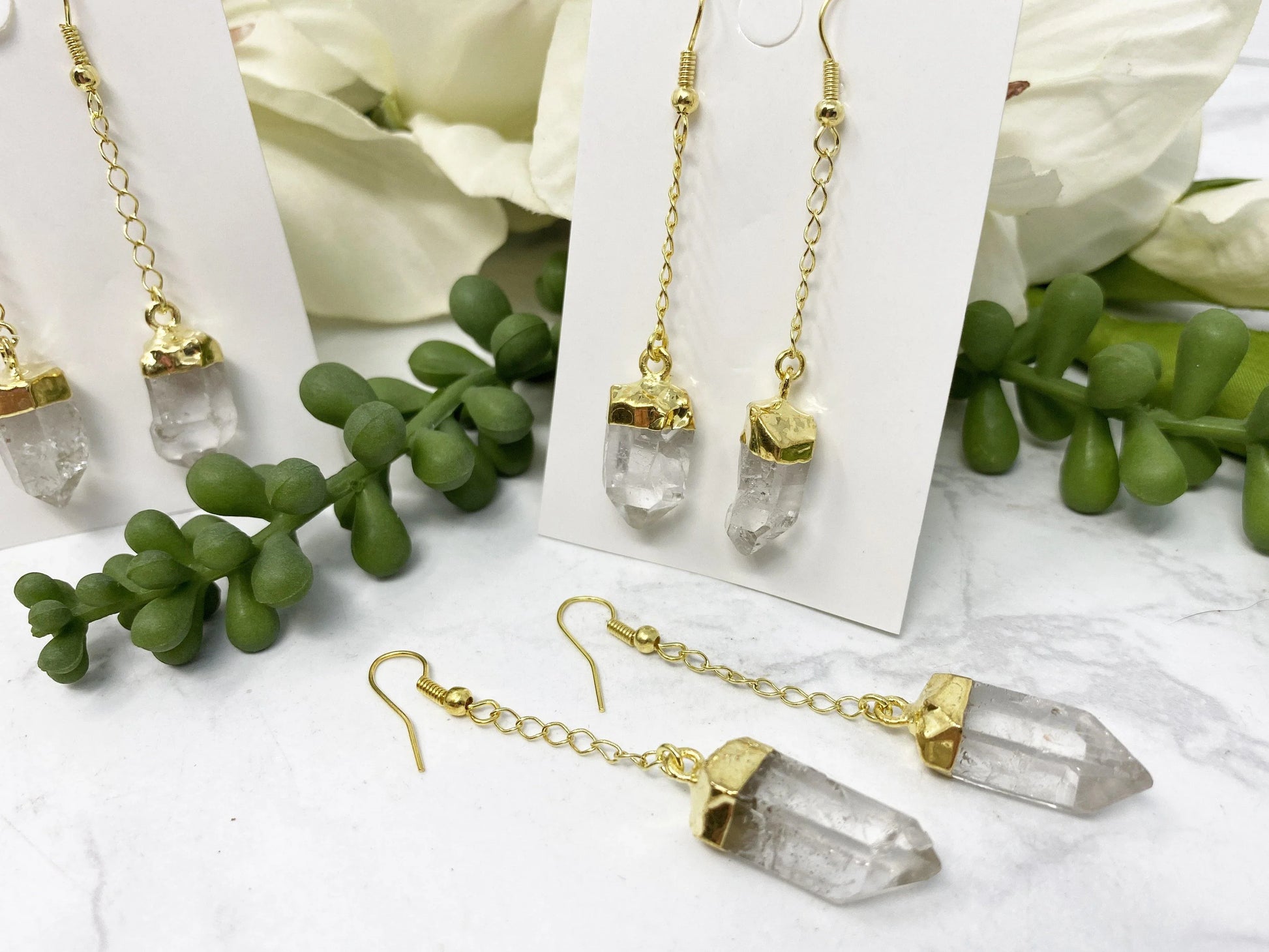 Clear Quartz Gold Plated Dangle Earrings