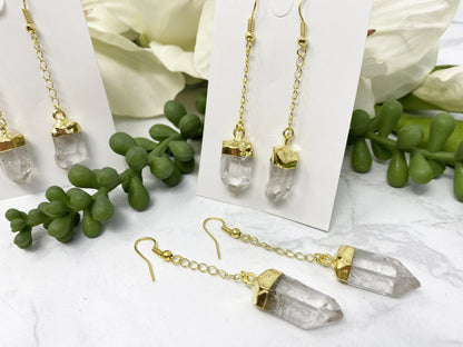 Clear Quartz Gold Plated Dangle Earrings