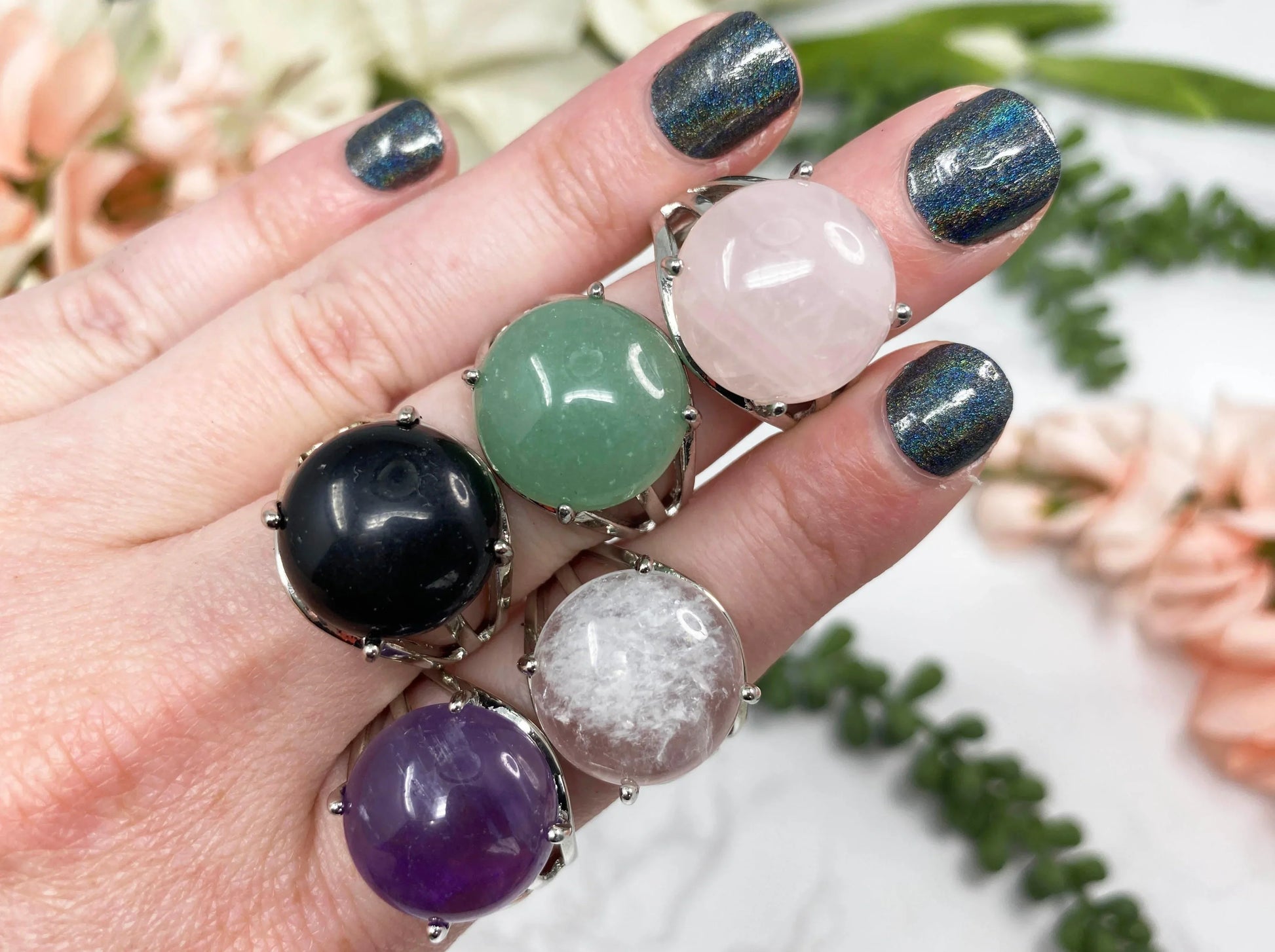 Adjustable Gemstone Rings Just for Fun!  OBSIDIAN ROSE QUARTZ AMETHYST  CLEAR QUARTZ  GREEN AVENTURINE