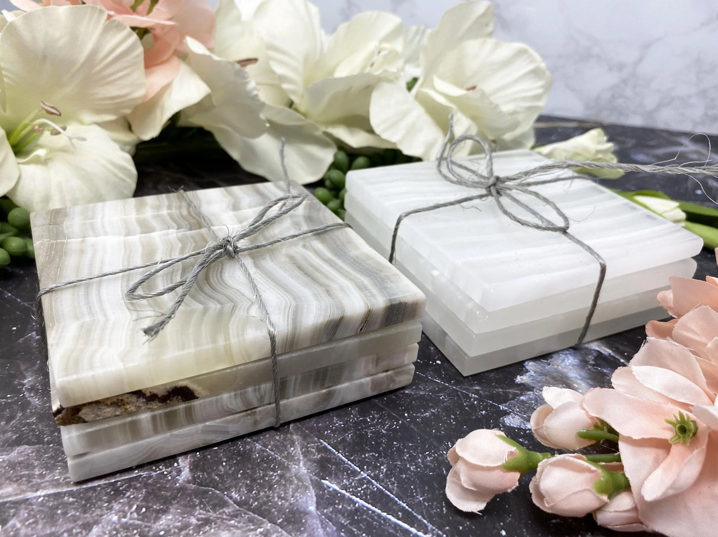 White and Gray Onyx Crystal Coaster Sets from Contempo Crystals Online Crystal Store