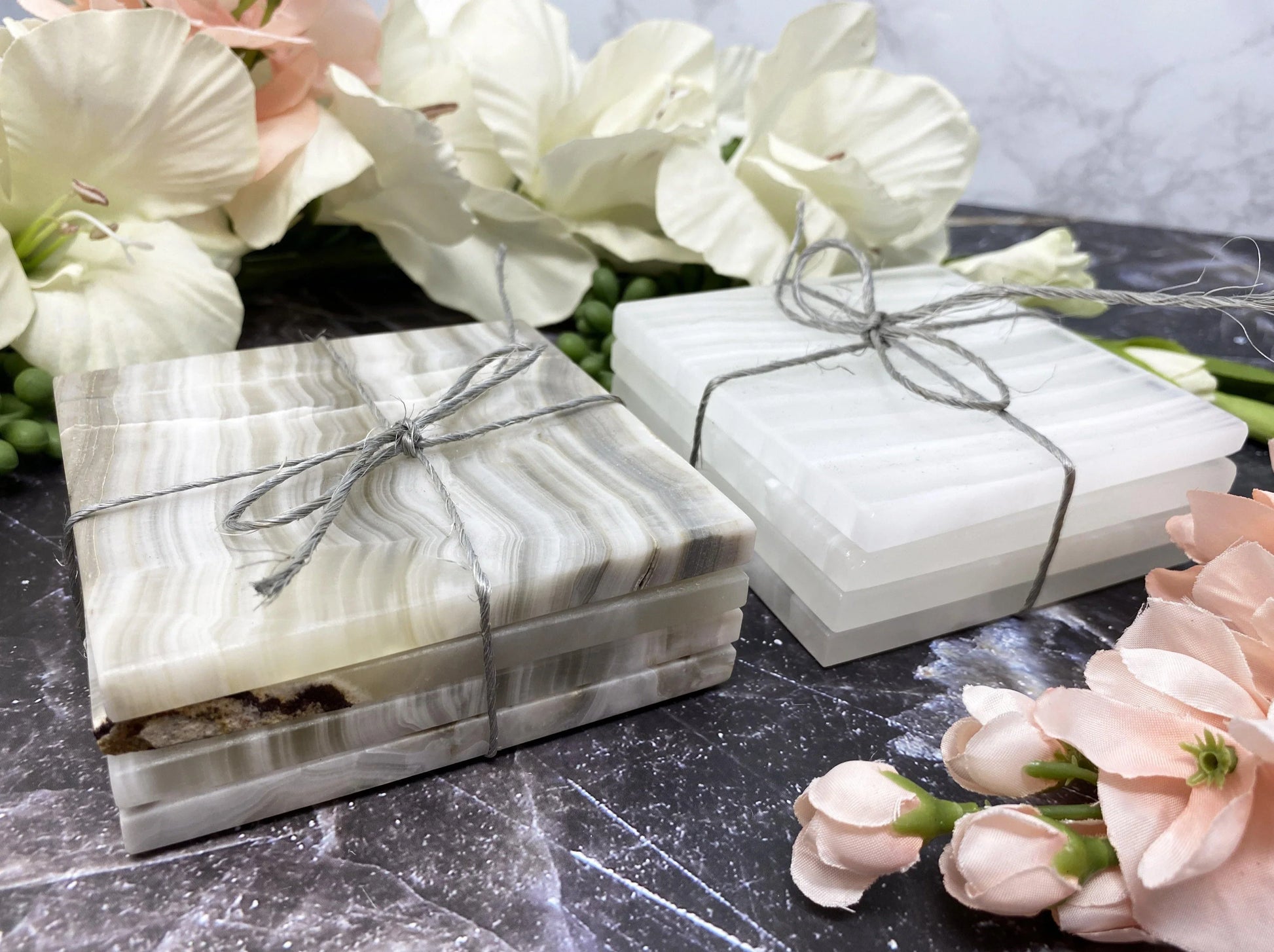 White and Gray Onyx Crystal Coaster Sets from Contempo Crystals Online Crystal Store