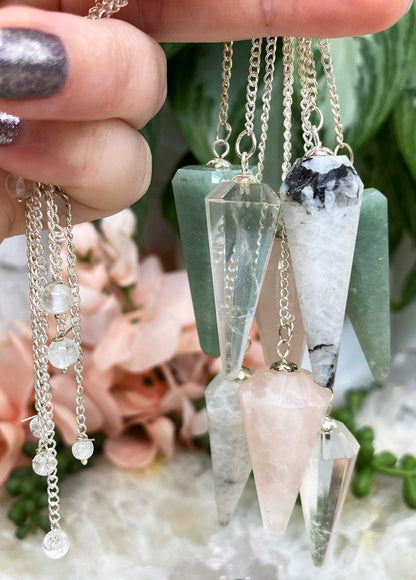 Geometric-Crystal-Point-Stone-Pendulum-Rose-Quartz-Green-Aventurine-Moonstone