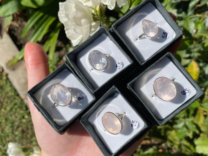 Faceted-Rose-Quartz-Crystal-Rings-Oval-Pear-Sterling-Silver-Band