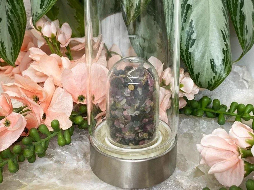 Multicolor-Rainbow-Tourmaline-Crystal-Chip-Gemstone-Glass-Water-Bottle