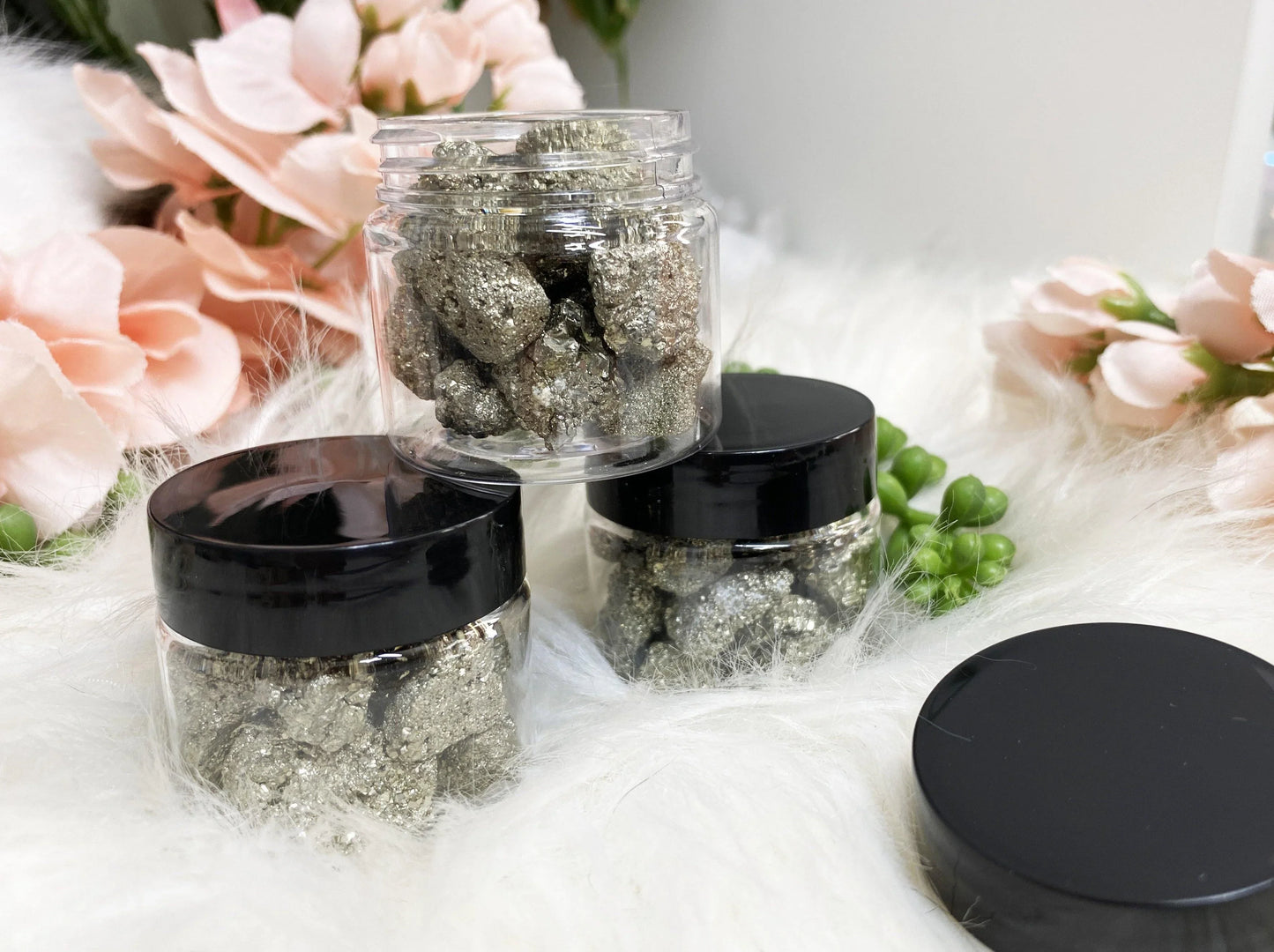 Peruvian raw pyrite crystal pieces in jar