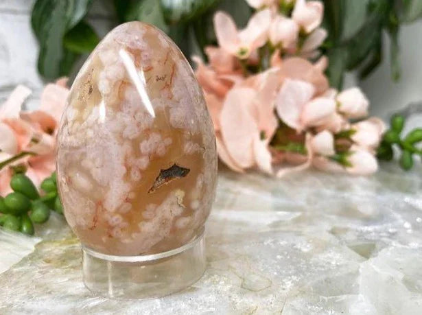 Pink orange flower agate crystal egg