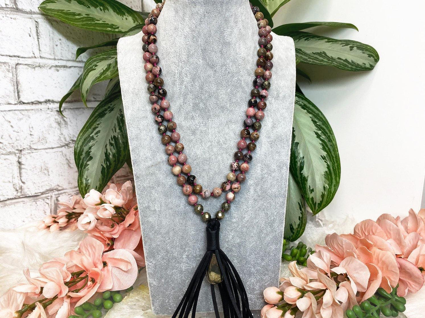 Pink-Rhodonite-Gold-Pyrite-Black-Vegan-Leather-Tassel-Mala-Necklace
