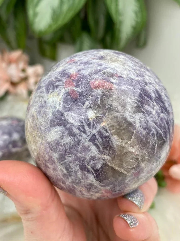 Pink-Tourmaline-on-Lepidolite-Sphere