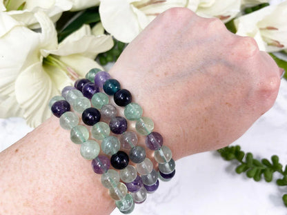 Rainbow Fluorite Stretch Bracelet with Purple and Green