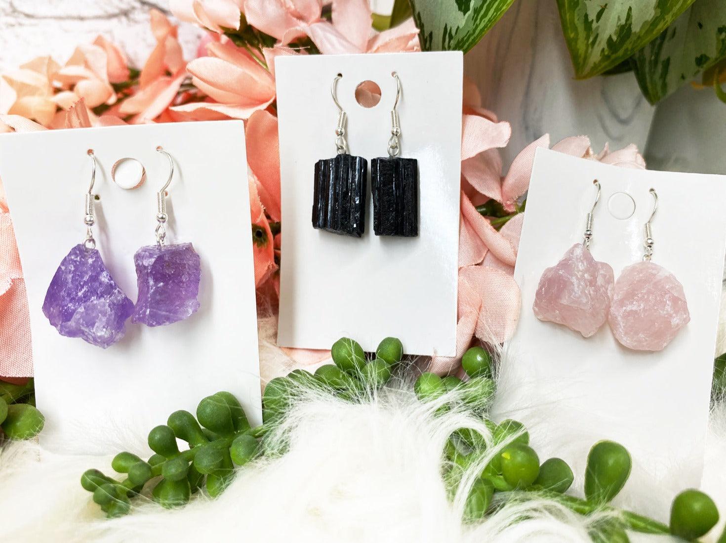    Raw-Purple-Amethyst-Pink-Rose-Quartz-Black-Tourmaline-Crystal-Earrings